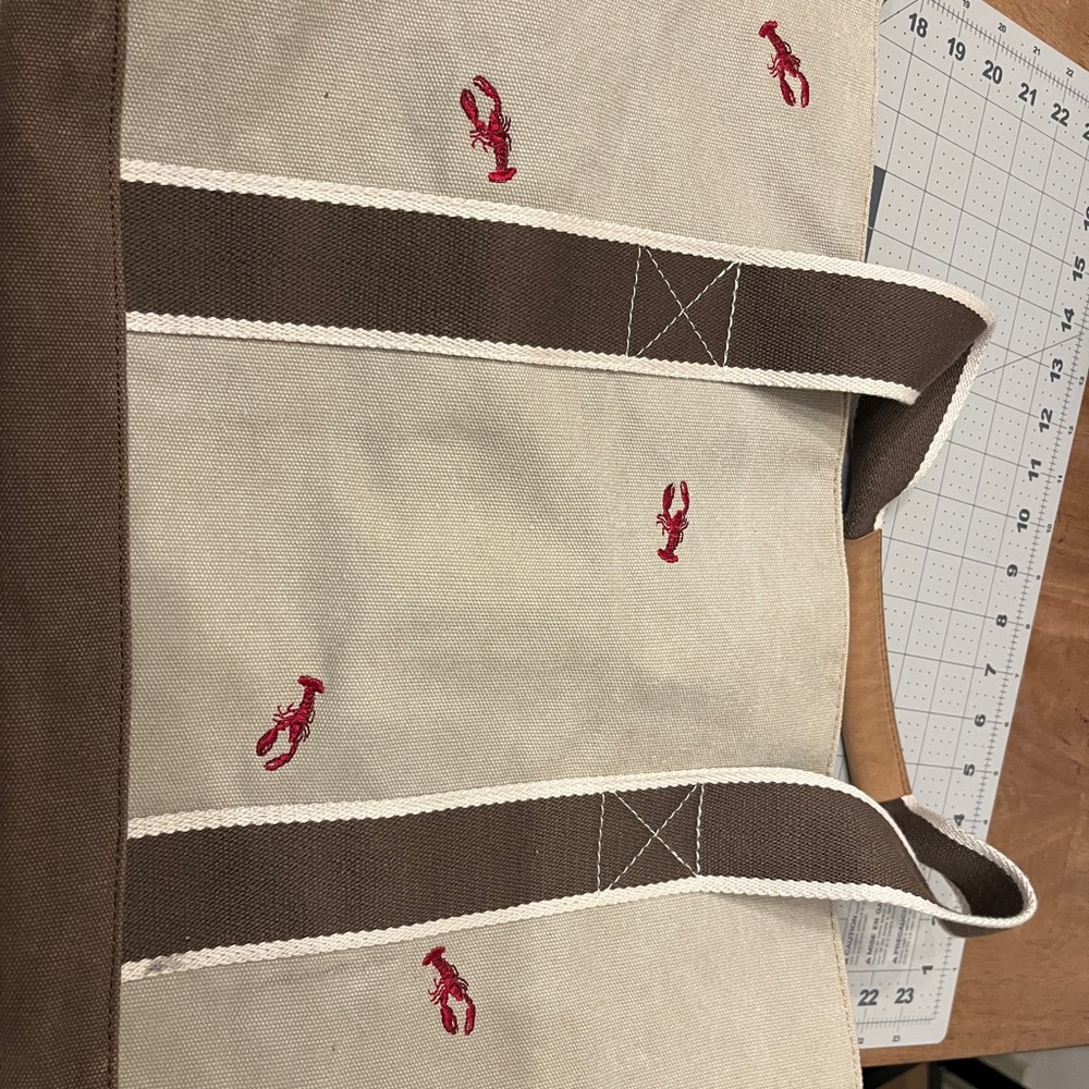 L.L. Bean Stylish Brown and Cream Tote Bag with Red lobster.
